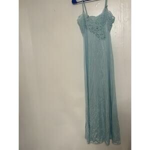 VINTAGE LILY OF FRANCE Blue Long Nightgown NYLON & LACE Dress Sexy Satin